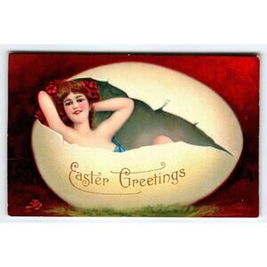 Easter Postcard Lovely Women Inside Giant Egg Fantasy Germany Vintage Greetings